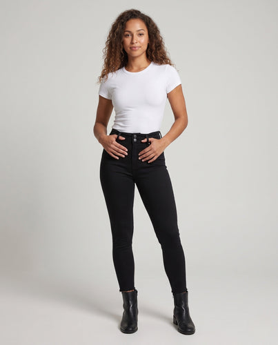 Damen Highwaist Skinny-Jeans mit doppelter Knopfleiste und rohem Saum Shop Nory