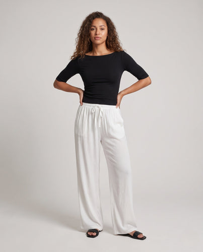 Damen Hochtaillierte weite Leinenoptik-Hose mit Kordelzug und fließender Palazzo-Silhouette Shop Nory