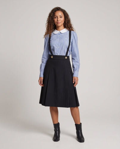 Damen Hochtaillierter A-Linien-Trägerrock mit goldfarbenen Knopfdetails und abnehmbaren Trägern Shop Nory