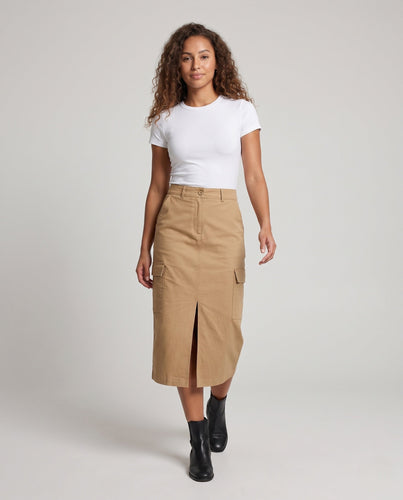 Damen Hochtaillierter Cargo‑Midirock mit Frontschlitz und Aufgesetzten Taschen Shop Nory