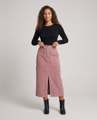 Damen Hochtaillierter Cord‑Midirock mit aufgesetzten Taschen und Frontschlitz Shop Nory