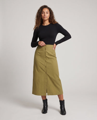 Damen Hochtaillierter gerader Midirock mit durchgehender Knopfleiste und Frontschlitz Shop Nory