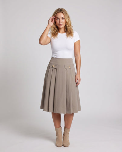 Damen Hochtaillierter plissierter A‑Linien‑Rock mit Zierpatten und Perlenknopf Shop Nory