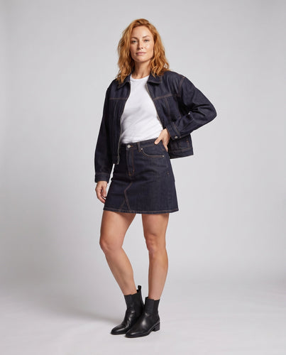 Damen Kurz geschnittenes Denim-Set mit Reißverschluss‑Jacke und hochtailliertem Jeansrock Shop Nory