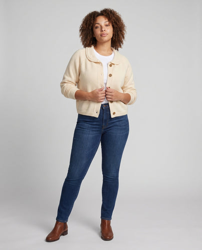 Damen Kurzgeschnittener kastiger Strickcardigan mit Schalkragen und Zierknopfleiste Shop Nory