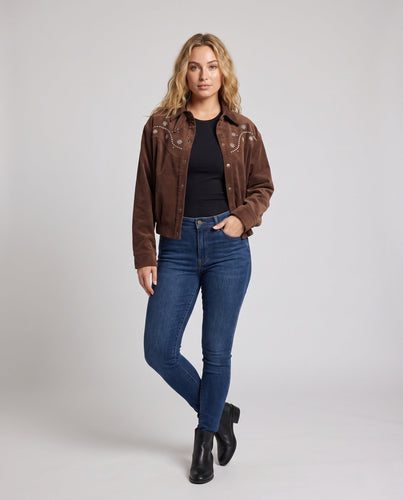 Damen Kurzjacke aus Velourslederoptik mit bestickten Sternmotiven und Westerndetails Shop Nory