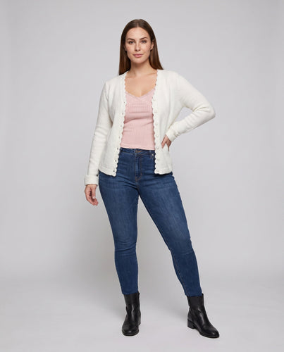 Damen Kuscheliger Feinstrick-Cardigan mit Zierknopfleiste und Rüschenkante Shop Nory