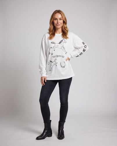 Damen Langärmeliges Oversize-Print-Shirt mit Western-Horse-Illustration Shop Nory
