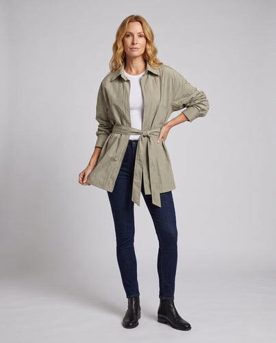 Damen Leichte oversized Taillenbindegürtel-Übergangsjacke mit Hemdkragen Shop Nory