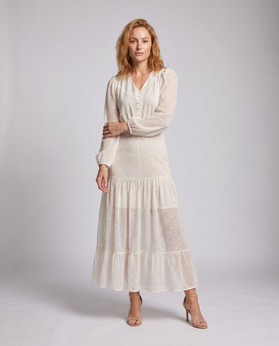 Damen Maxikleid mit transparenter Chiffon‑Qualität, Schweizer‑Punkteffekt, V‑Ausschnitt und Volantstufen Shop Nory