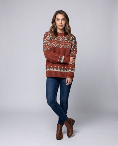 Damen Norwegerstrick‑Pullover oversized mit Rundhals, dicker Wollmischung und dekorativem Jacquardmuster Shop Nory