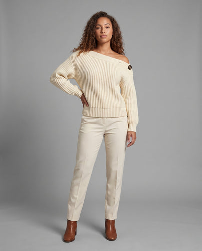Damen Oversize Off-Shoulder Grobgerippter Pullover mit Ballonärmeln und lässiger Schulterpartie Shop Nory