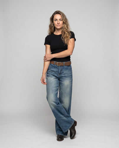 Damen Weite hochtaillierte Denim‑Palazzohose mit Used‑Wäscheffekt Shop Nory