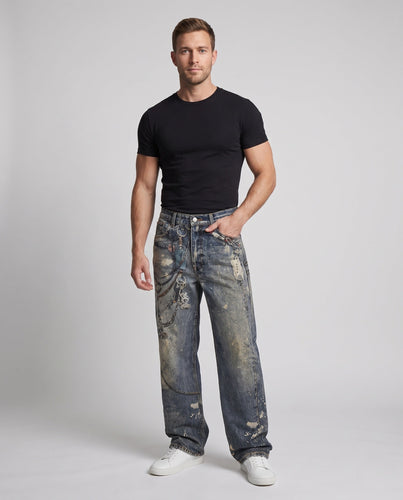 Herren Extraweite Jeans im Baggy-Schnitt mit farbbespritztem Used-Look und Kettenprint Shop Nory