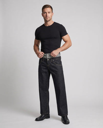 Herren Low‑Sling Denimhose mit sichtbarem Kontrastbund und extra weitem Bein Shop Nory