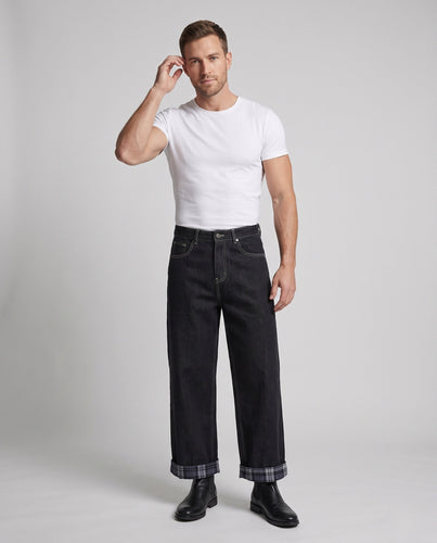 Herren Ultraweite Denim-Palazzo-Jeans mit umgeschlagenem Kariersaum und sichtbaren Kontrastnähten Shop Nory