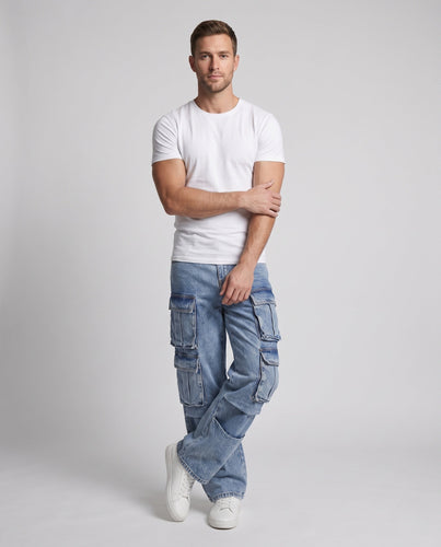 Herren weite Cargo-Denim-Palazzo-Hose mit mehrfachen aufgesetzten Klappentaschen Shop Nory