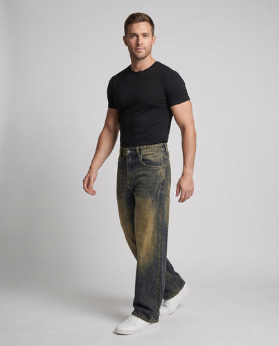 Herren Weite Denim-Hose mit geformter Schattenfärbung und bodenlangem Saum Shop Nory
