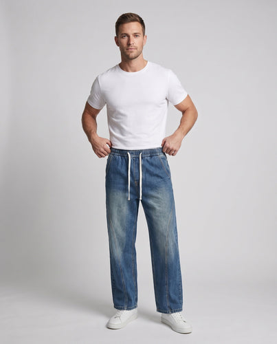 Herren Weite Denim-Palazzohose mit geschwungenen Seitennähten und Used-Wash Shop Nory