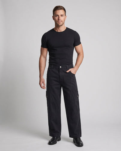 Herren Weite Utility‑Palazzo‑Cargo‑Hose aus robustem Canvas mit gerundeten Kniepaneelen und Druckknopf‑Seitentaschen Shop Nory