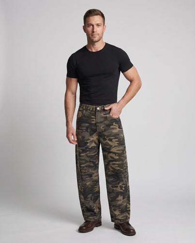 Unisex Ultraweite Camouflage-Baggy-Palazzo-Hose mit tiefem Schritt und gerundetem Saum Shop Nory