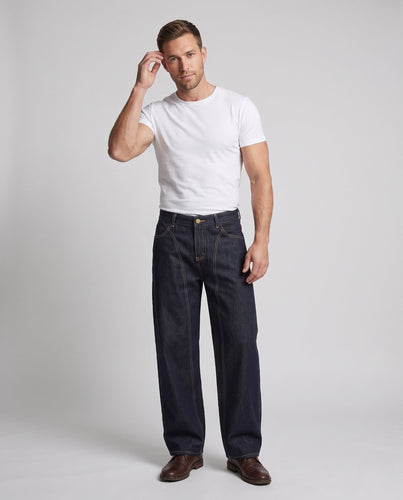 Unisex weite Denim-Hose mit tiefer Leibhöhe und markanten Außennaht-Details Shop Nory