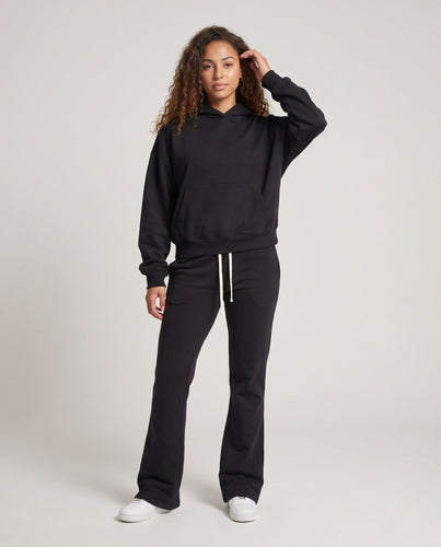 Damen Lounge-Set aus Baumwoll-Fleece mit Cropped-Kapuzenpullover und ausgestellter Jogginghose Shop Nory
