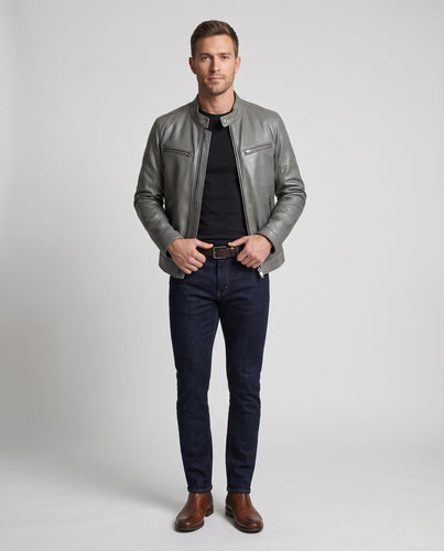 Herren Schmal geschnittene Lammnappa-Lederjacke im minimalistischen Bikerstil mit Stehkragen und Reißverschlusstaschen Shop Nory