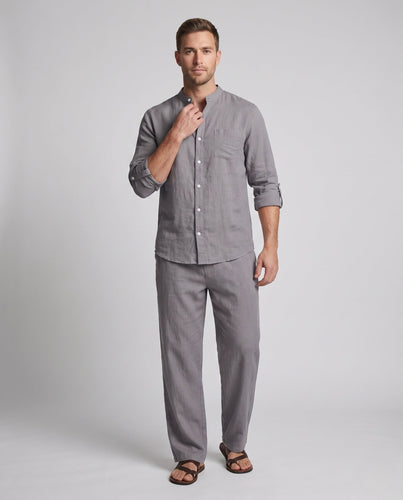 Herren Lässiges Leinen-Set mit Stehkragen-Hemd und weiter Lounge-Hose Shop Nory