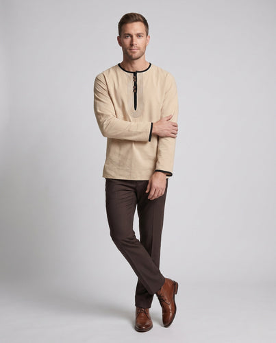 Herren Lässiges Tunika-Henley mit Zierbiesen, Rundhalsausschnitt und Holzknöpfen Shop Nory