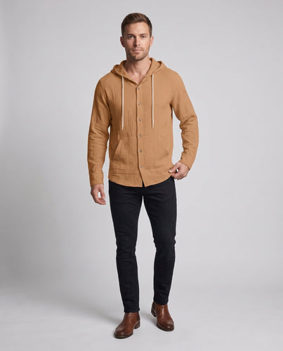Herren Strukturierter Leichtstoff-Kapuzenhemd-Cardigan mit Knopfleiste und Känguru-Tasche Shop Nory