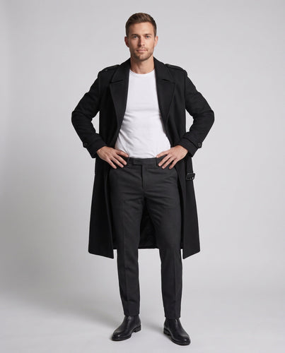 Herren Longline-Wollmantel mit schmalem Schalkragen schlanker Silhouette und seitlichem Gehschlitz Shop Nory