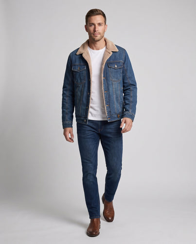 Herren Gefütterte Jeansjacke mit Teddyfutter und Knopfleiste Shop Nory