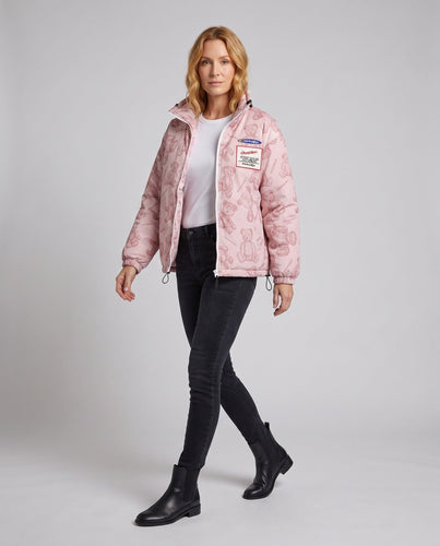 Damen Gepolsterte Teddy-Print-Steppjacke mit Stehkragen und Kordelzug Shop Nory