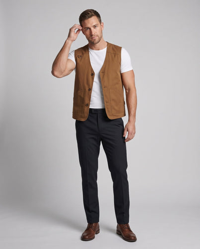 Herren Ärmellose Denim-Utility-Weste mit Karofutter V-Ausschnitt und großformatigen Fronttaschen Shop Nory