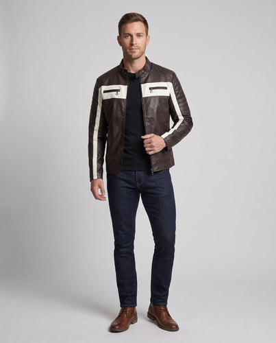 Herren Biker-Lederjacke im Racing-Style mit Stehkragen und Kontraststreifen Shop Nory