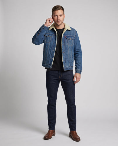 Herren Gefütterte Denim-Truckerjacke mit Teddyfutter und Kontrastnähten Shop Nory
