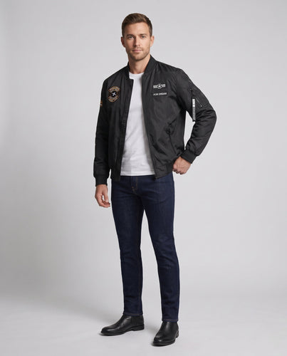 Herren Leichte Flieger-Bomberjacke mit Patch-Details, Ärmeltasche und wasserabweisender Nylonoberfläche Shop Nory