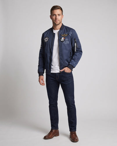 Herren Satin-Bomberjacke im Pilot-Design mit gestickten Patches und Mehrfachtaschen Shop Nory