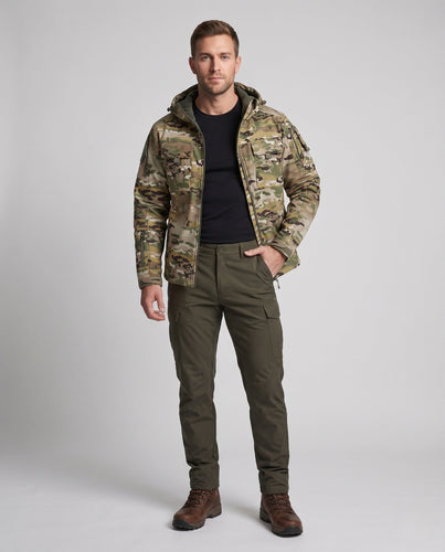 Herren Taktische Softshell-Jacke mit Kapuze, Multifunktionstaschen und Zip-Ärmeln Shop Nory