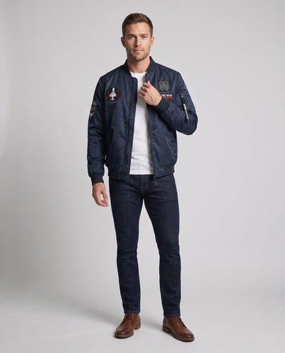 Herren Wende-Bomberjacke mit aufgesetzten Patches, Nylon-Außenmaterial und Ärmel-Zip-Tasche Shop Nory