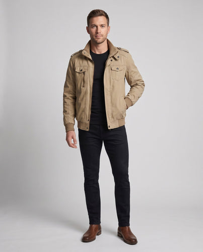 Herren Canvas-Bomberblouson im Militärstil mit hohem Stehkragen, Schulterpatten und Multi-Taschen Shop Nory