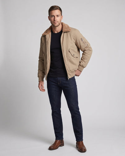 Herren Canvas-Pilotblouson mit durchgehendem Teddyfutter, Utility-Ärmeltasche und geripptem Saum Shop Nory
