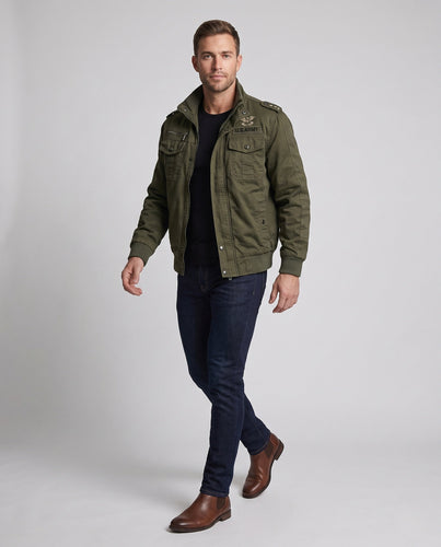 Herren Gefütterte Canvas-Fieldjacke im Military-Worker-Stil mit Teddyfleece-Kragen Shop Nory