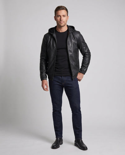Herren Kunstleder-Hoodiejacke mit Kapuzenlayer, verdecktem Reißverschluss und thermischer Innenlage Shop Nory