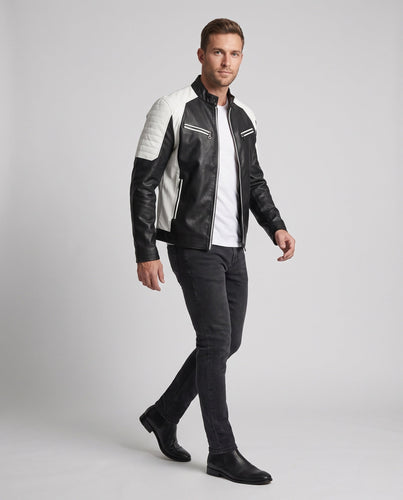 Herren Kunstleder‑Motojacke mit wärmender Teddyfutter, Kontrastpaneelen und Stehkragen Shop Nory