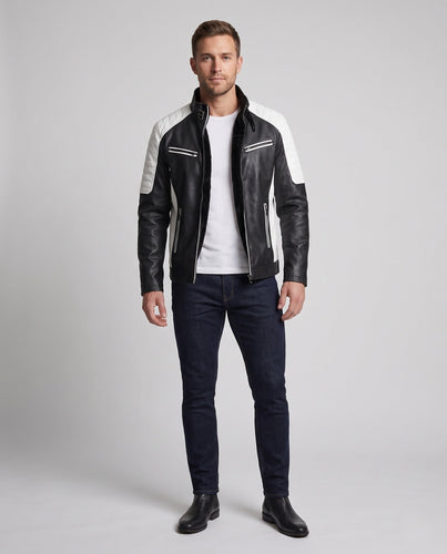 Herren Kunstleder-Motorradblouson mit Teddyfleece-Innenfutter, Kontrastpanele und Stehkragen mit Schnallverschluss Shop Nory