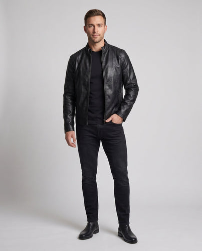 Herren schmal geschnittene Biker‑Blousonjacke in Lederoptik mit hochschließendem Kragen und thermoisolierter Innenlage Shop Nory