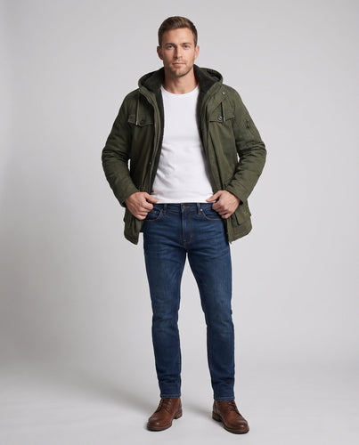 Herren Canvas-Kapuzenparka mit weichem Teddykragen, Utility-Außentaschen und Reißverschluss-Ärmeltasche Shop Nory