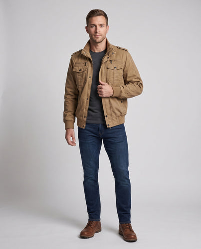 Herren Canvas-Pilotblouson im Utility‑Stil mit hohem Stehkragen und Pattentaschen Shop Nory